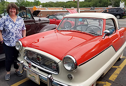 Pam Goodness pictured with her 1957 red/white Met Pam Goodness pictured with her 1957 red/white Met